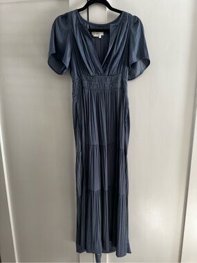 Anthropologie Slate-Blue Pleated V‑Neck Maxi Dress